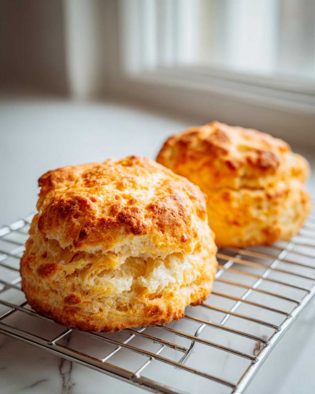 Two golden brown, fluffy scones cooling on a silver wire rack near a bright window.