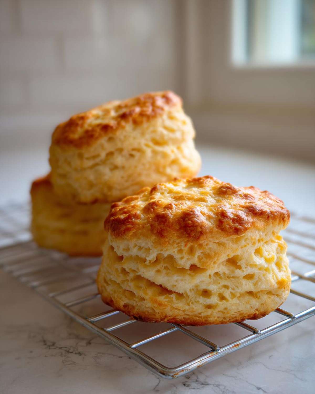 Close-up of tall, fluffy scones with golden-brown tops cooling on a wire rack.