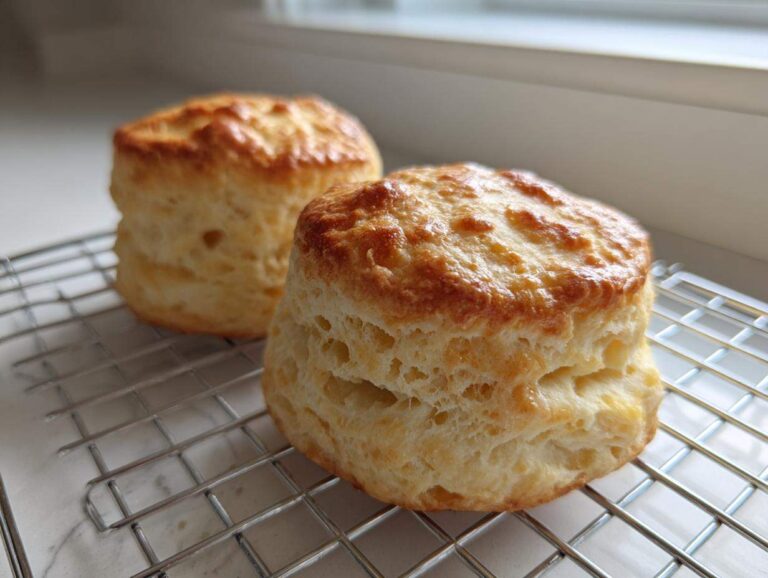 Two tall, fluffy scones with golden-brown tops cooling on a wire rack near a window.