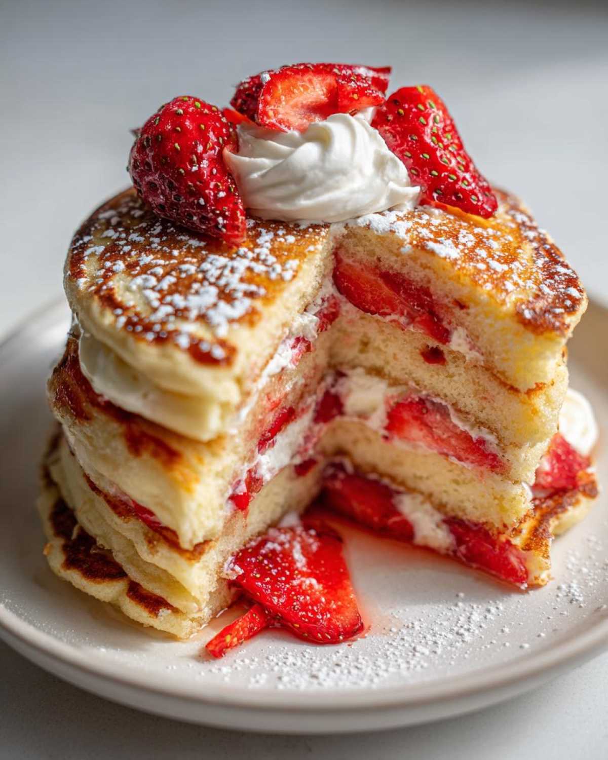 Cross-section view of fluffy strawberry pancakes layered with cream and fresh strawberries, dusted with powdered sugar.
