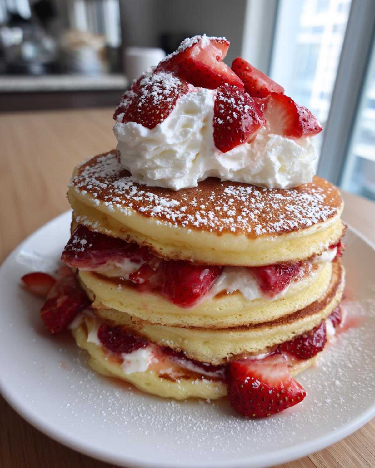 A tall stack of fluffy strawberry pancakes layered with cream and fresh strawberries, topped with whipped cream and powdered sugar.