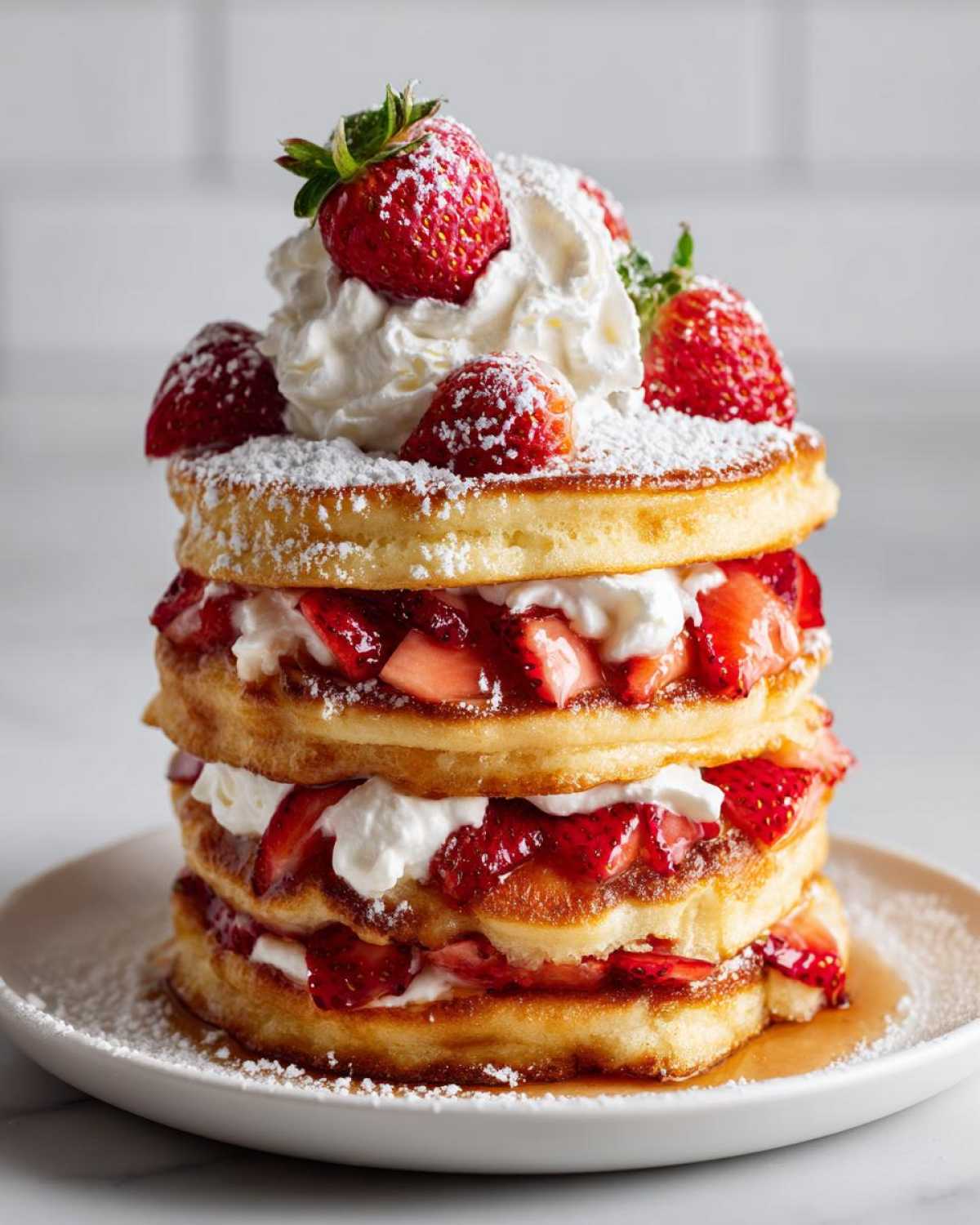 A tall stack of fluffy strawberry pancakes layered with sliced strawberries and whipped cream, dusted with powdered sugar.