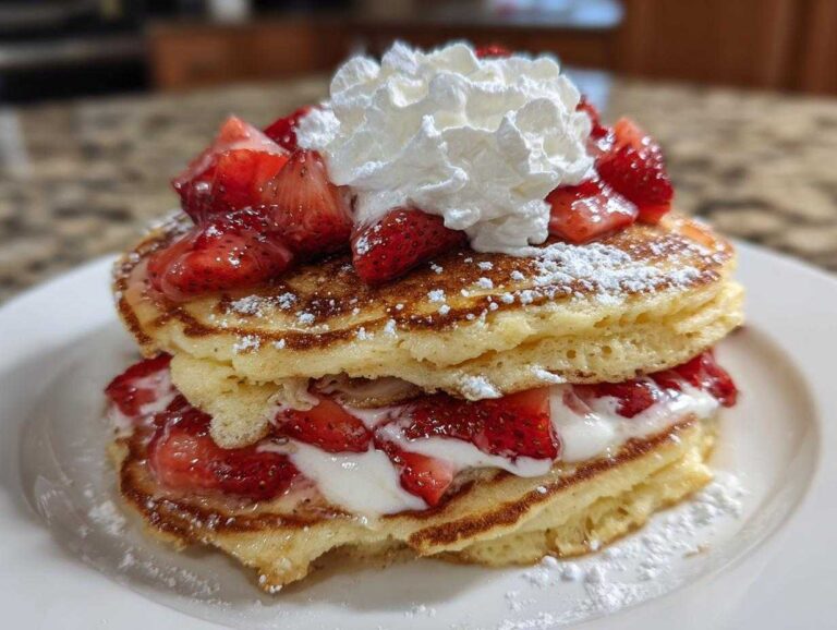 A tall stack of fluffy strawberry pancakes layered with cream and topped with fresh strawberries and whipped cream.