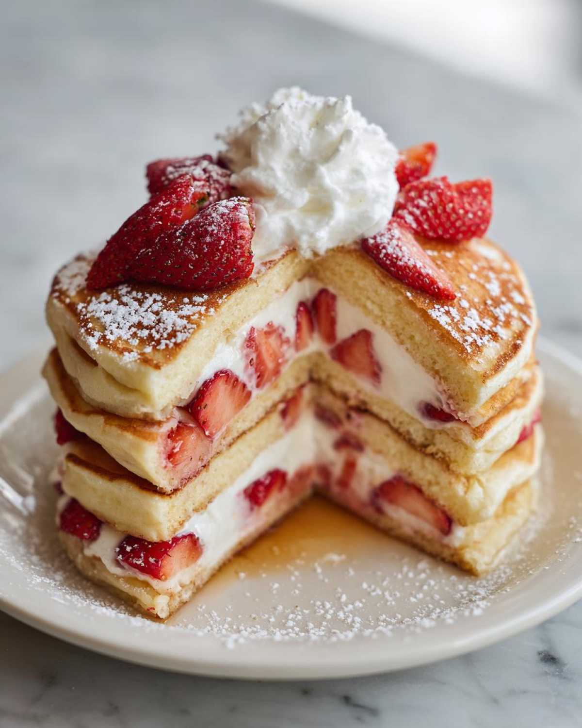 Cross-section view of fluffy strawberry pancakes layered with cream and fresh strawberries, topped with whipped cream.