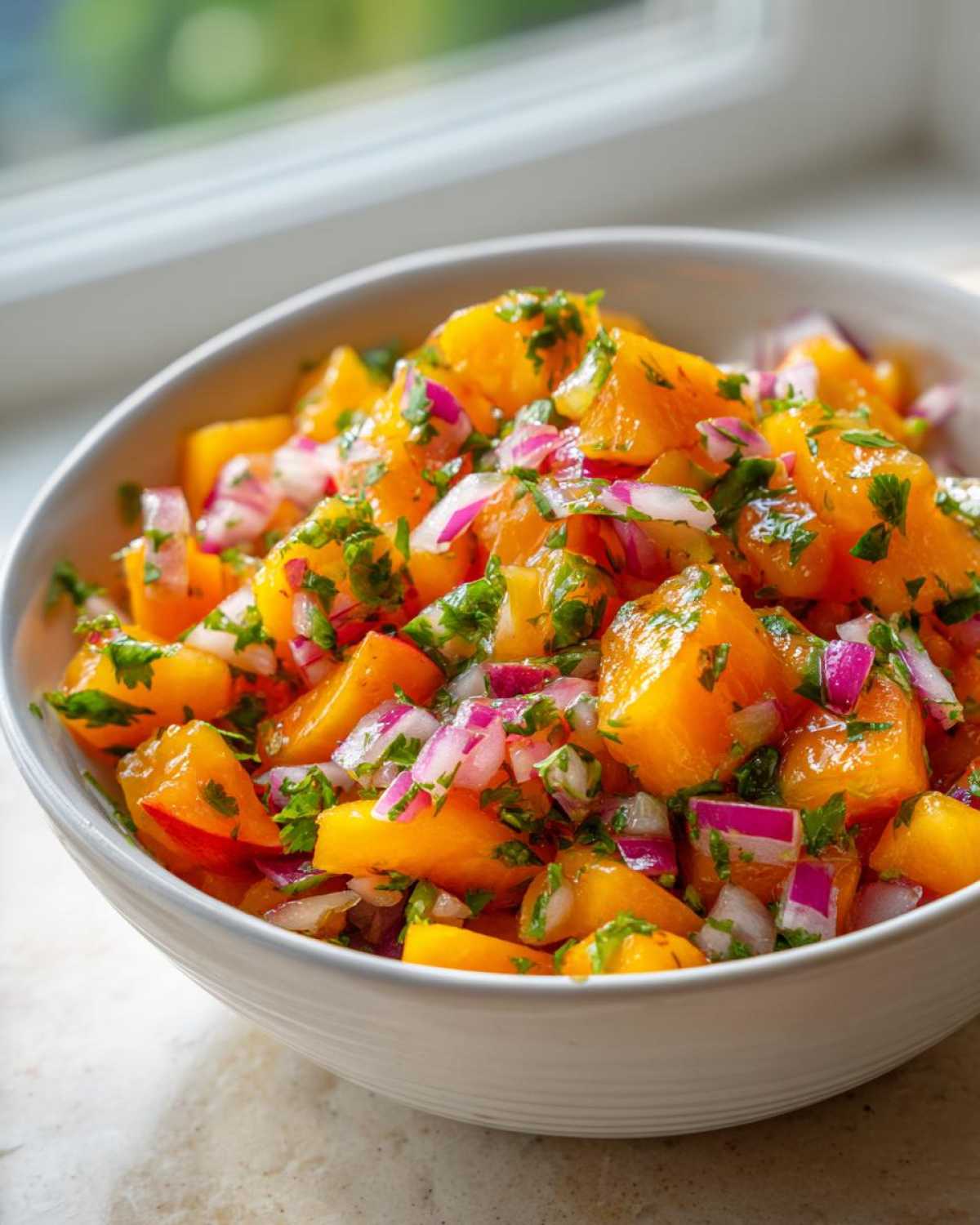 Close-up of vibrant peach salsa featuring diced yellow peaches, red onion, and cilantro in a white bowl.