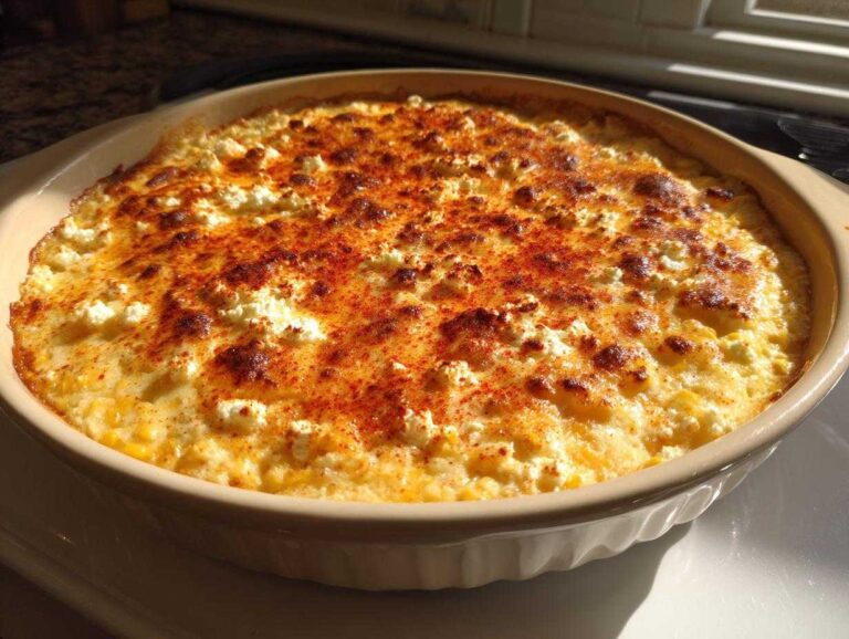 A freshly baked, creamy elote dip topped with browned cheese and paprika in a light tan baking dish.