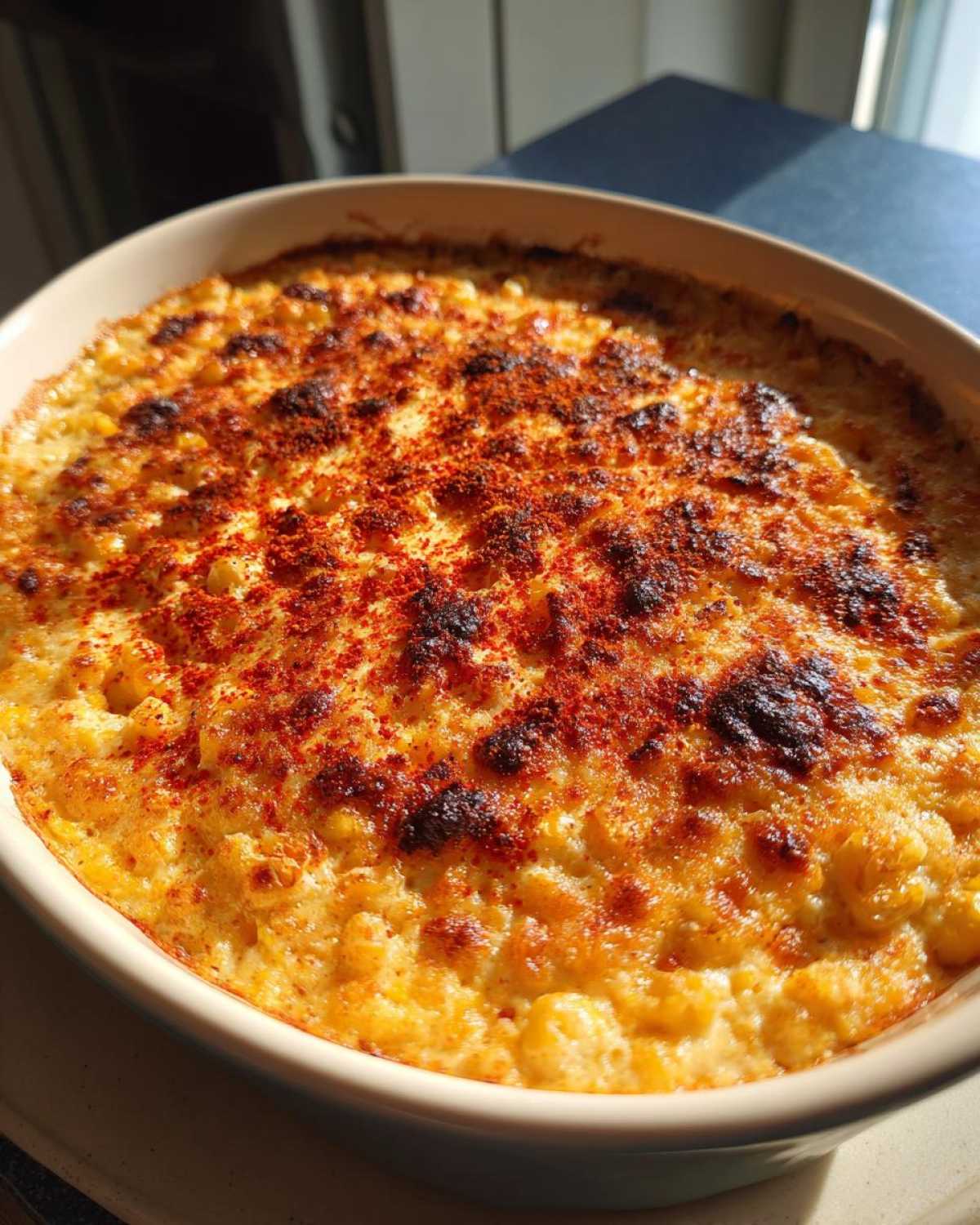 Close-up of a bubbling, baked elote dip topped with dark char marks and a dusting of bright red paprika.