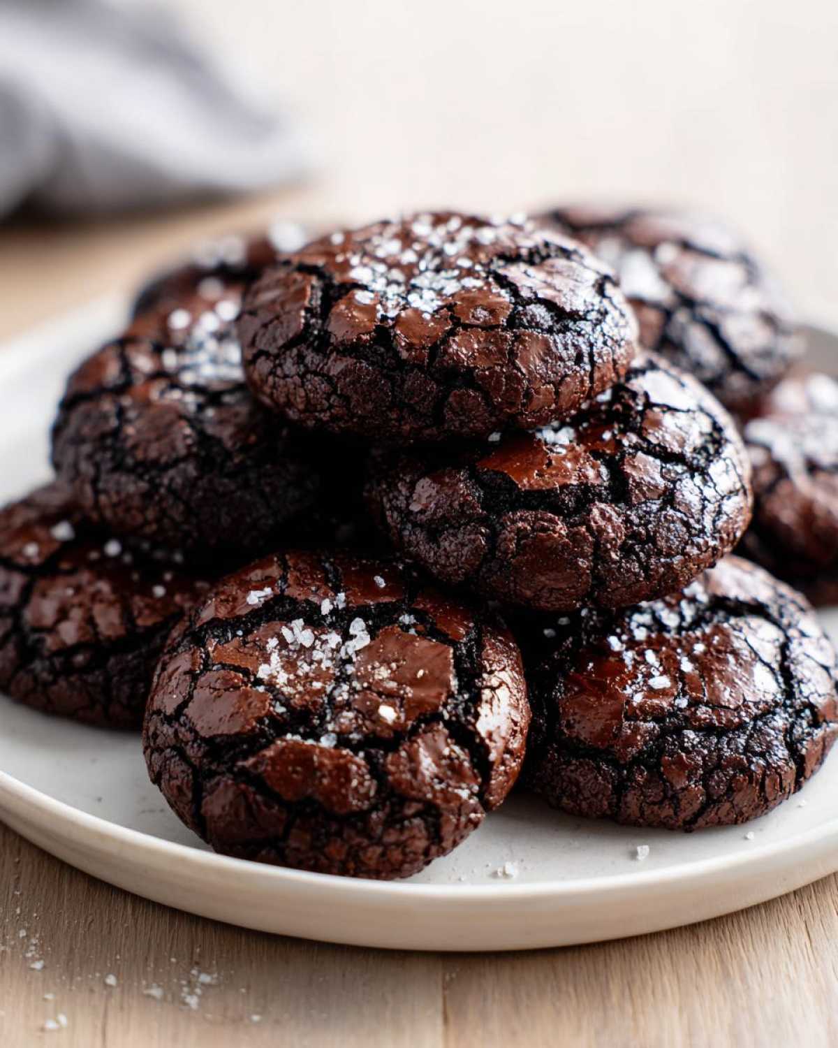 A stack of rich, fudgy chocolate brownie cookies with cracked tops, sprinkled with flaky sea salt.