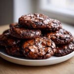 A tempting stack of fudgy chocolate brownie cookies topped with flaky sea salt.