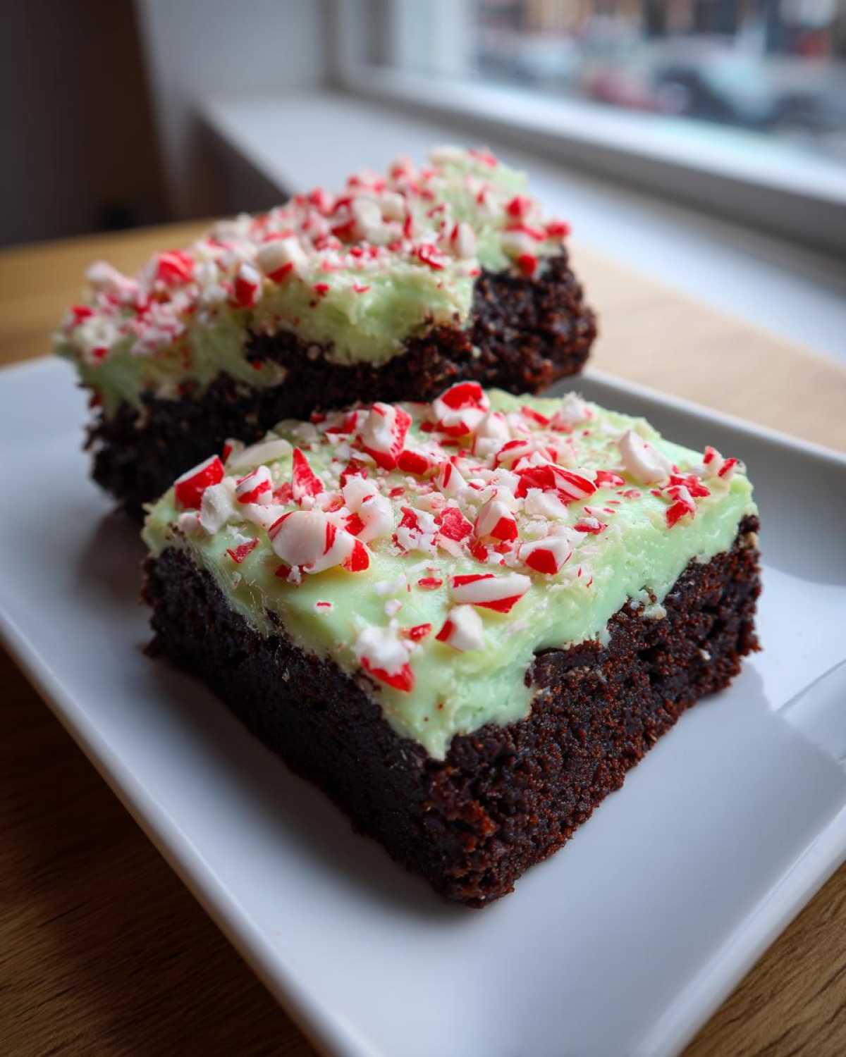 Two fudgy peppermint brownies topped with light green mint frosting and crushed candy canes.