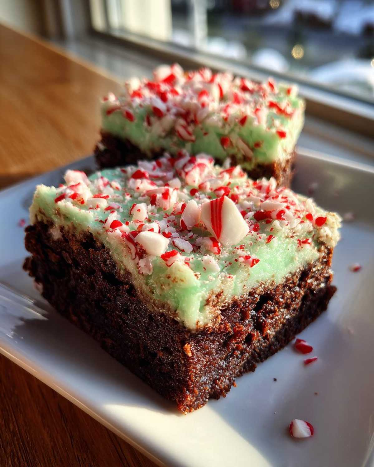 Two fudgy peppermint brownies topped with light green mint frosting and crushed candy canes.