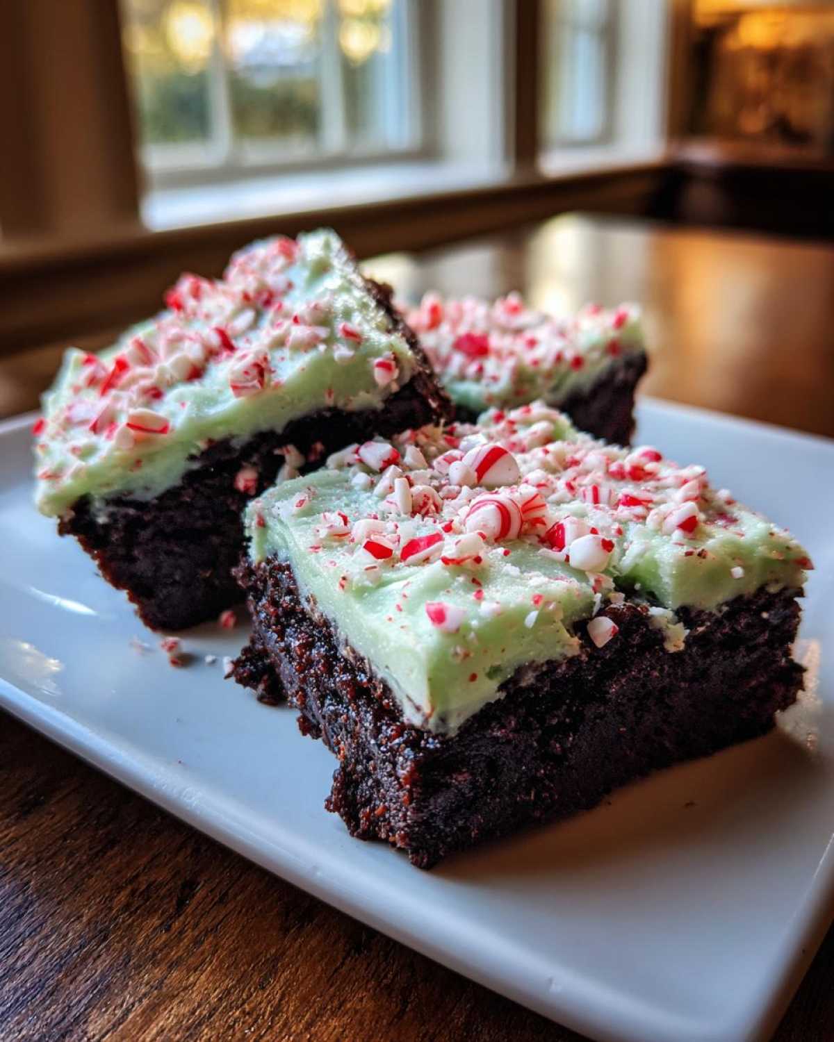 Three squares of fudgy peppermint brownies topped with green mint frosting and crushed candy canes.