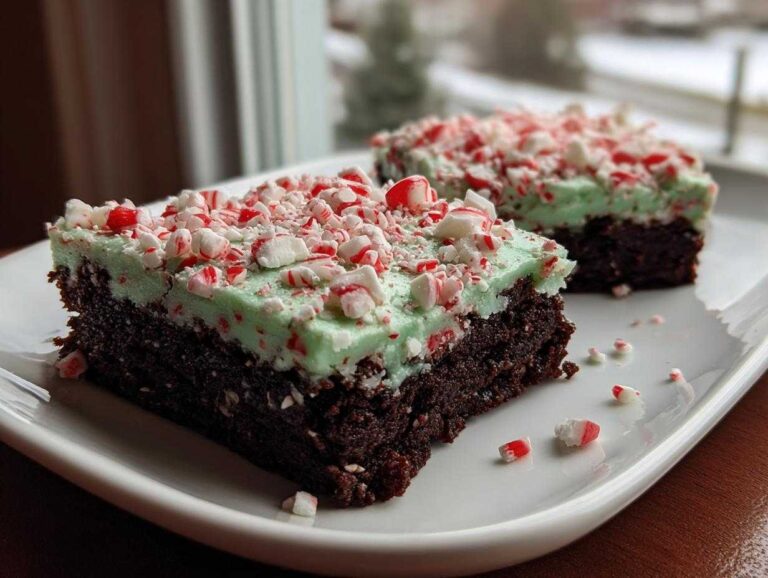 Two slices of fudgy peppermint brownies topped with light green mint frosting and crushed candy canes.