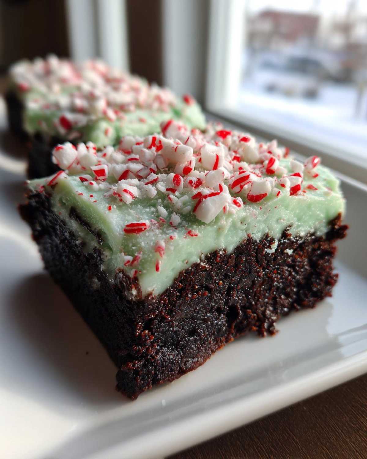 Close-up of a fudgy peppermint brownie topped with light green mint frosting and crushed candy canes.
