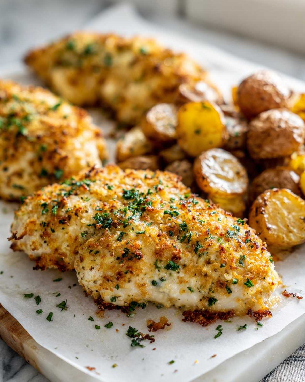 Close-up of crispy, golden garlic parmesan chicken breasts served with roasted potatoes.