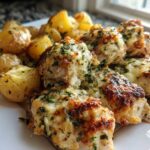 Close-up of baked garlic parmesan chicken and potatoes, topped with melted cheese and parsley.