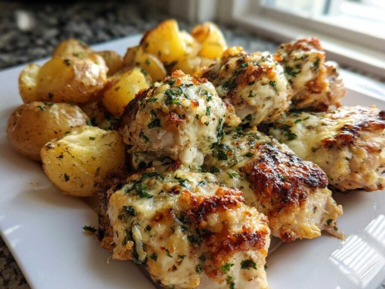 Close-up of baked garlic parmesan chicken and potatoes, topped with melted cheese and parsley.
