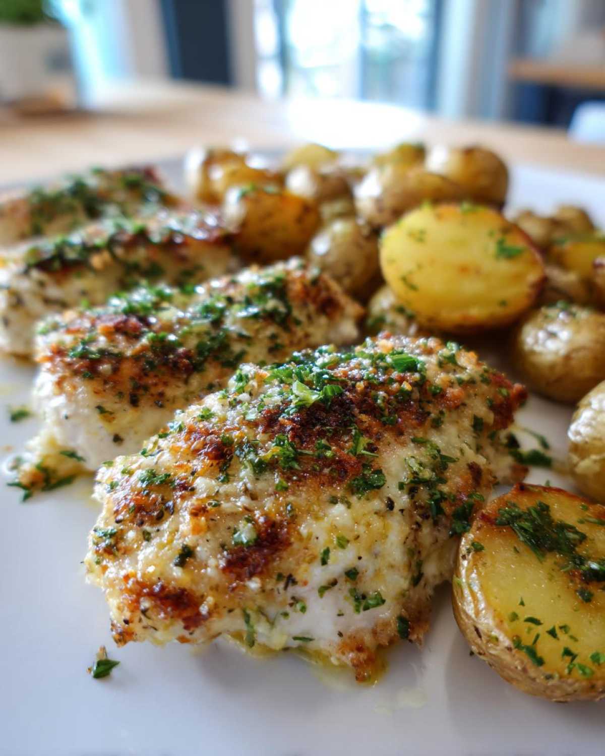 Close-up of juicy garlic parmesan chicken and potatoes garnished with fresh parsley on a white plate.