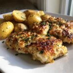 Golden brown garlic parmesan chicken pieces served alongside roasted baby potatoes, garnished with parsley.
