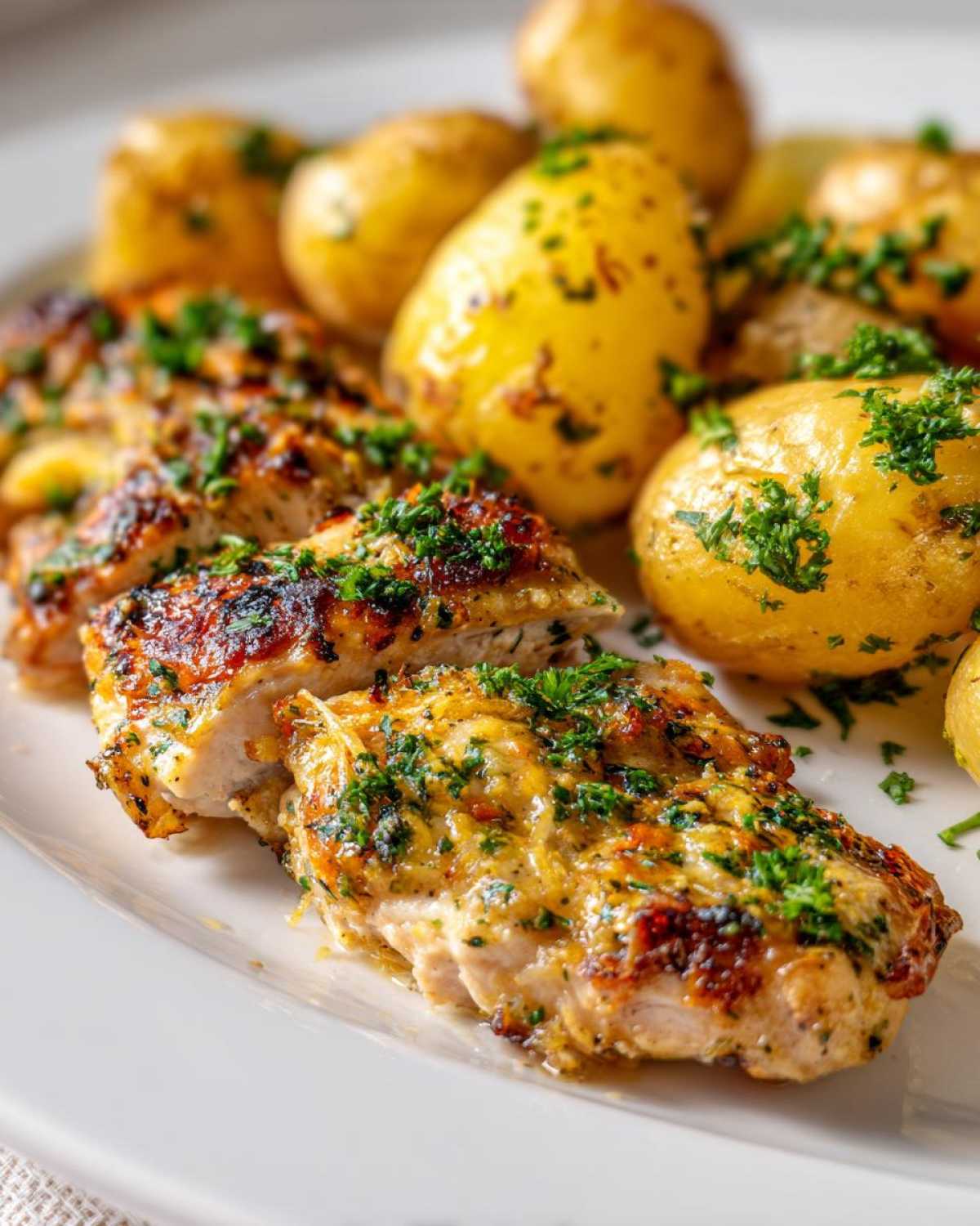Close-up of sliced garlic parmesan chicken and potatoes, topped with fresh parsley.
