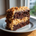 A close-up of a decadent slice of german chocolate cake recipe showing dark chocolate layers and coconut-pecan frosting.