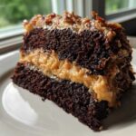 A rich slice of moist german chocolate cake recipe featuring dark chocolate layers and coconut-pecan frosting.