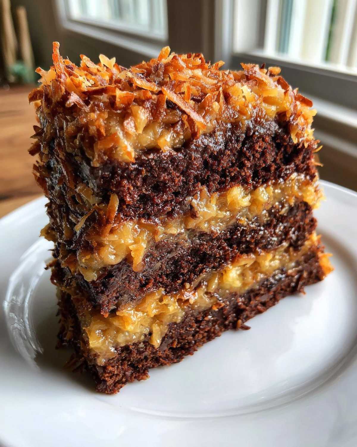 A tall slice of decadent german chocolate cake recipe showing three layers of dark chocolate cake and coconut-pecan frosting.