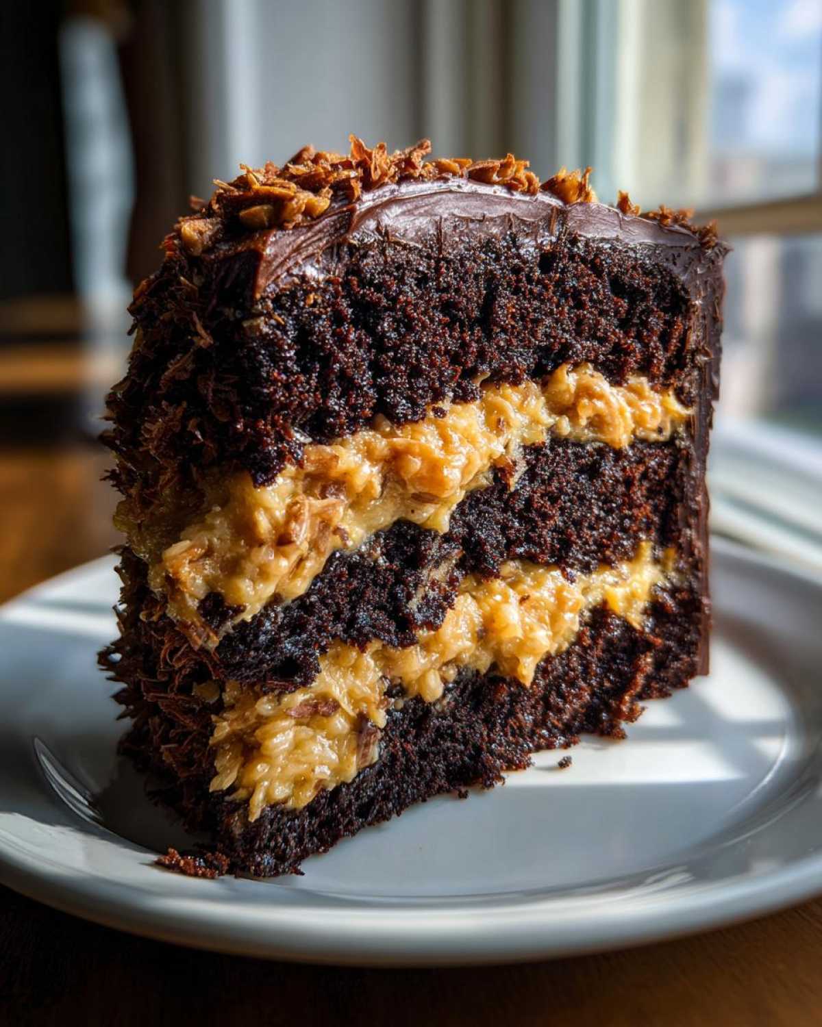 Close-up of a moist slice of German chocolate cake recipe with coconut-pecan filling layers.