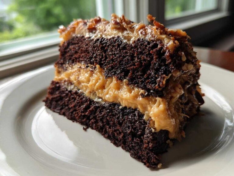 A rich slice of moist german chocolate cake recipe featuring dark chocolate layers and coconut-pecan frosting.