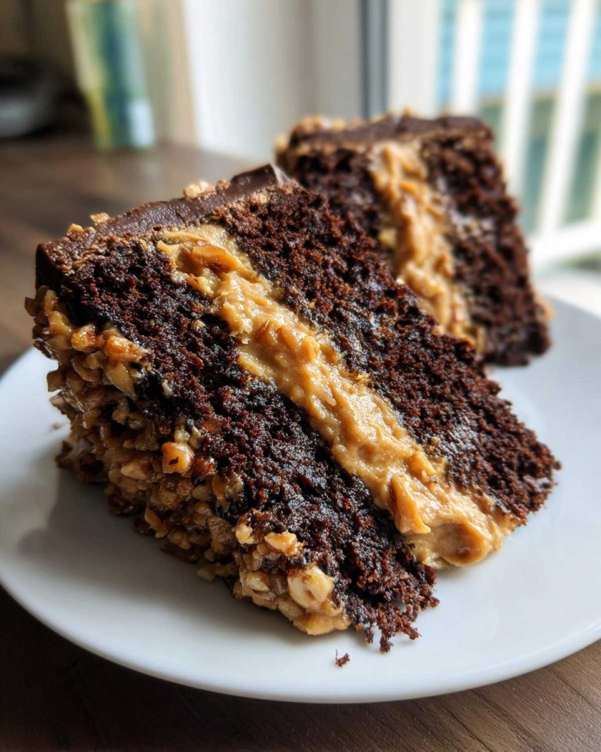 Two slices of moist german chocolate cake recipe showing dark chocolate layers and thick coconut-pecan frosting filling.