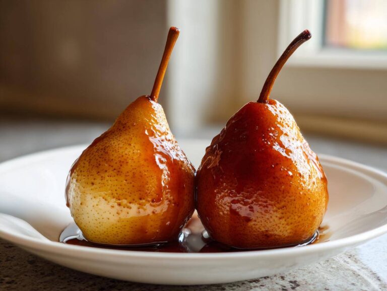 Two glistening, caramelized baked pears sitting in a pool of rich syrup on a white plate.