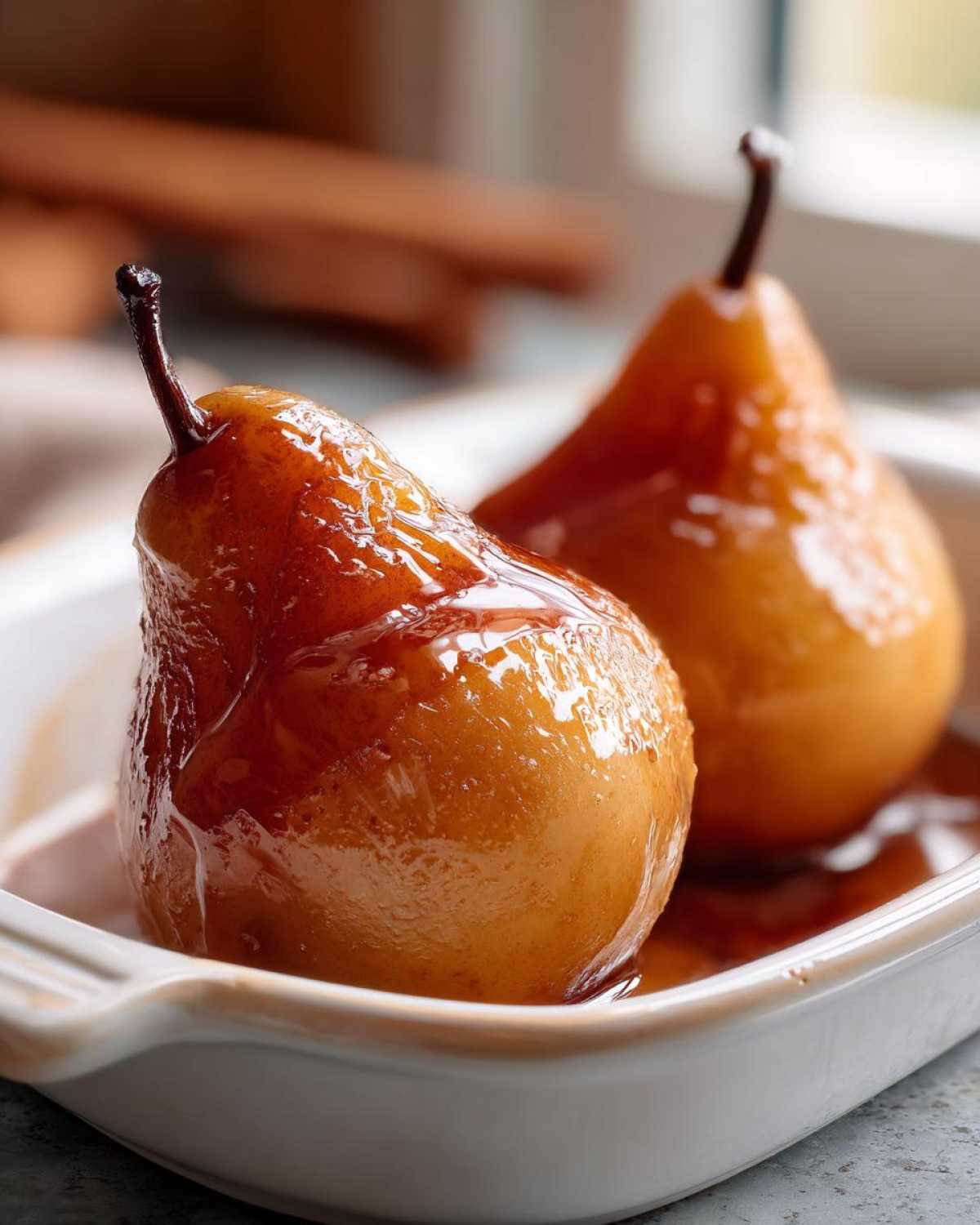 Two glistening, caramelized baked pears sitting in a white baking dish with syrup.