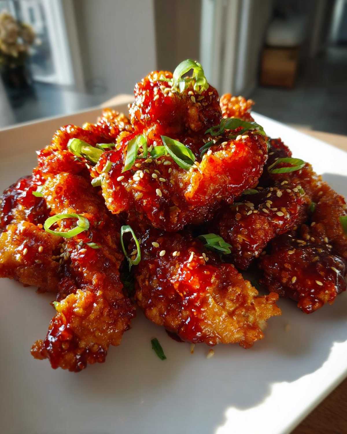 A close-up of crispy korean fried chicken pieces heavily coated in a glossy red sauce, topped with sesame seeds and sliced green onions.
