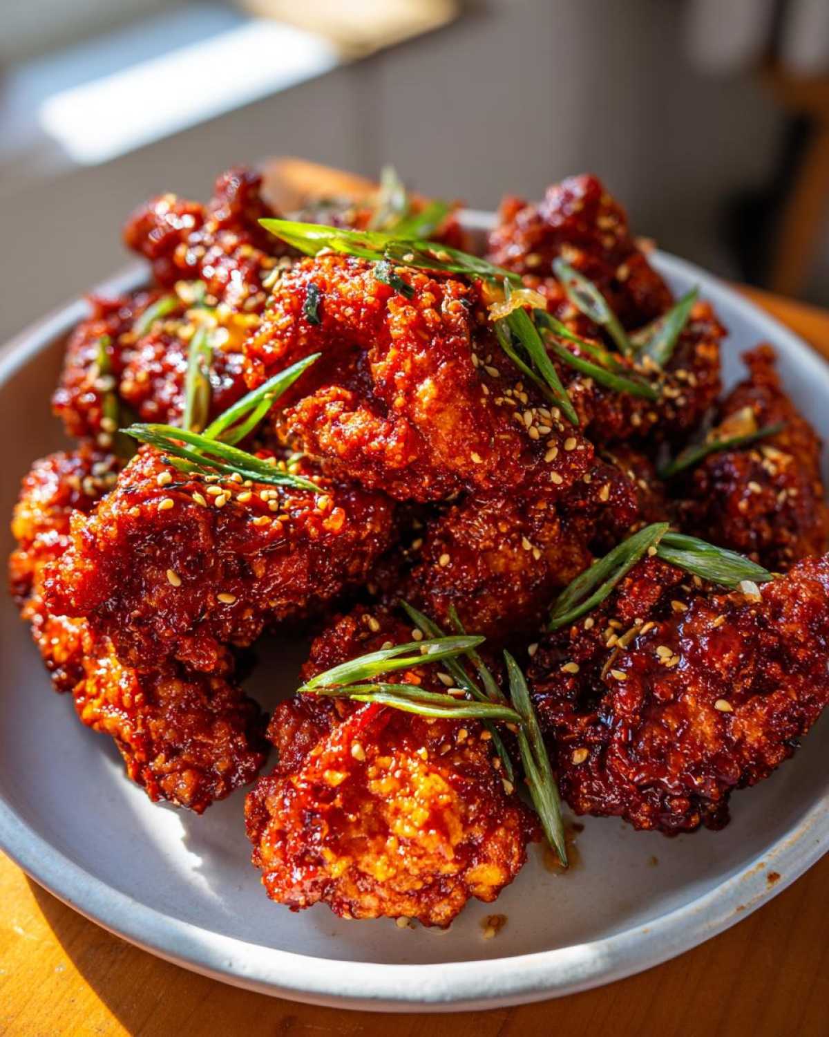 Close-up of crispy, glazed korean fried chicken pieces topped with sesame seeds and sliced green onions.