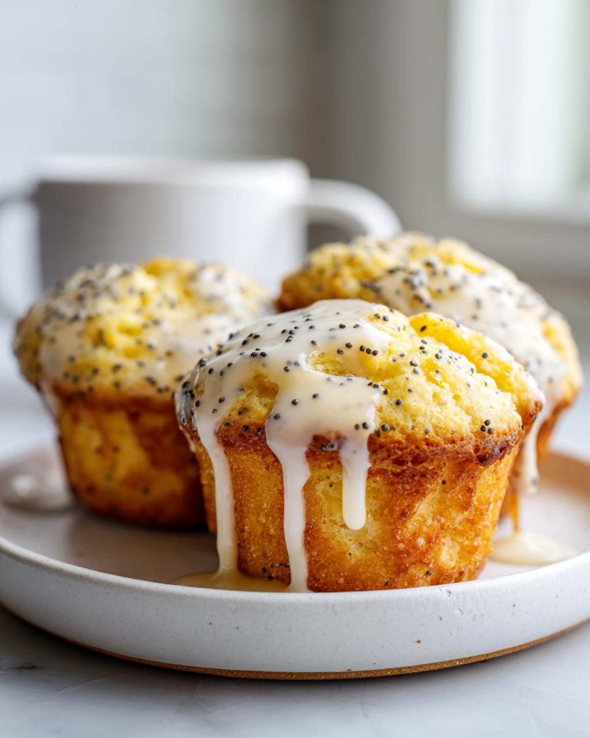 Close-up of three moist lemon poppy seed muffins topped with a thick, dripping lemon glaze and poppy seeds.
