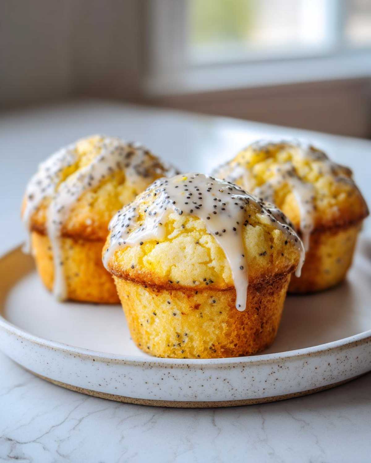 Three freshly baked lemon poppy seed muffins topped with a thick, dripping lemon glaze and poppy seeds.