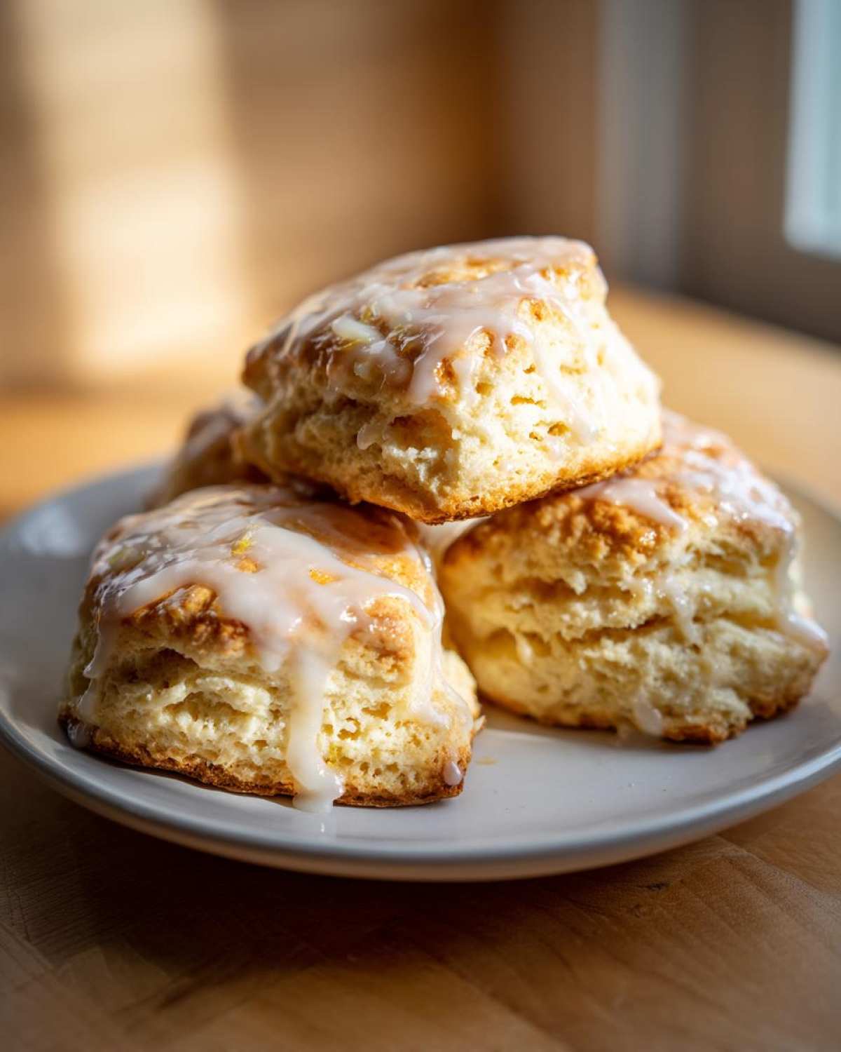 A stack of fluffy, freshly baked lemon scones topped with a thick, dripping lemon glaze.
