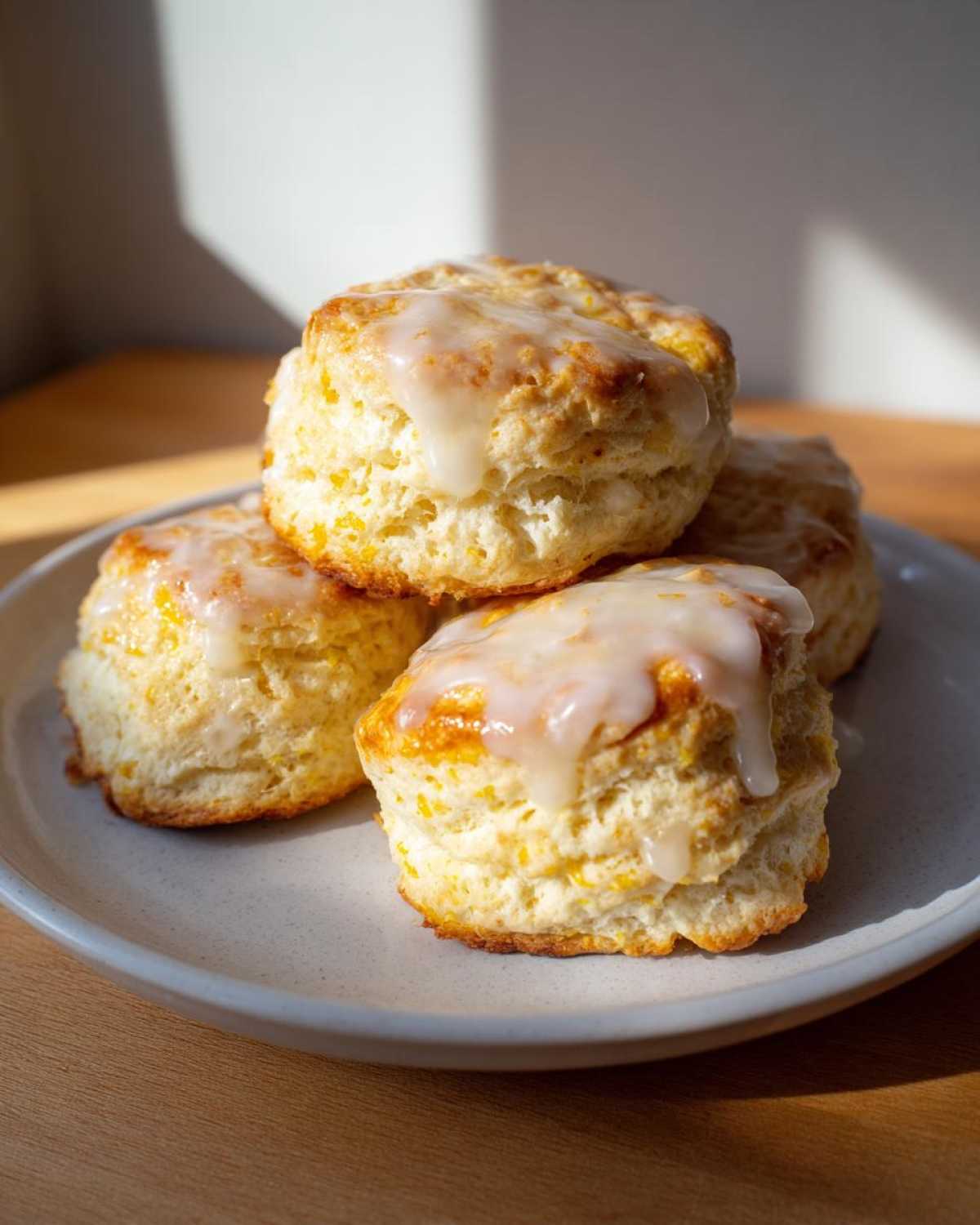 A stack of four fluffy lemon scones topped with a sweet white glaze, sitting on a speckled plate.