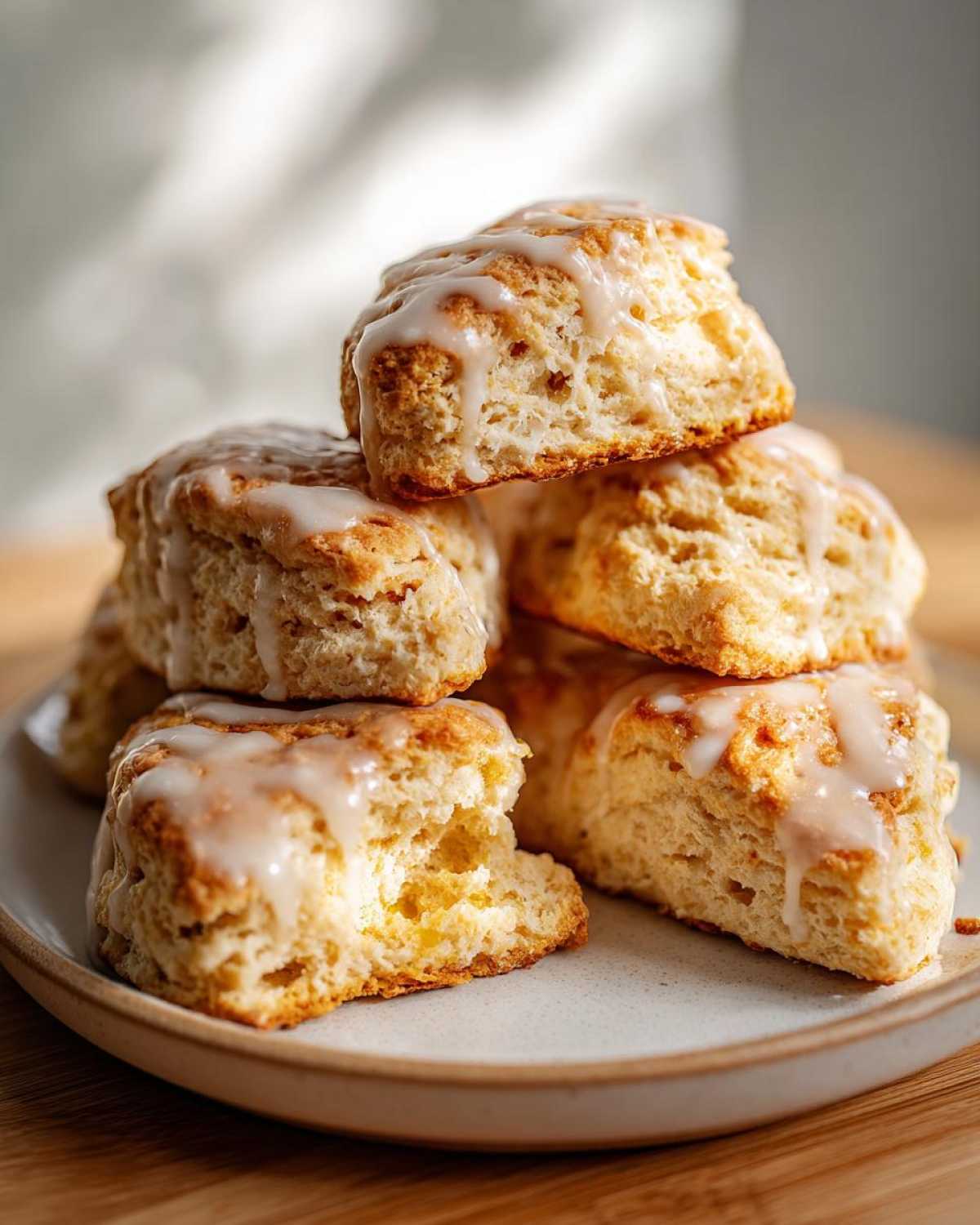 A stack of freshly baked, soft lemon scones topped with a sweet white glaze, sitting on a light plate.