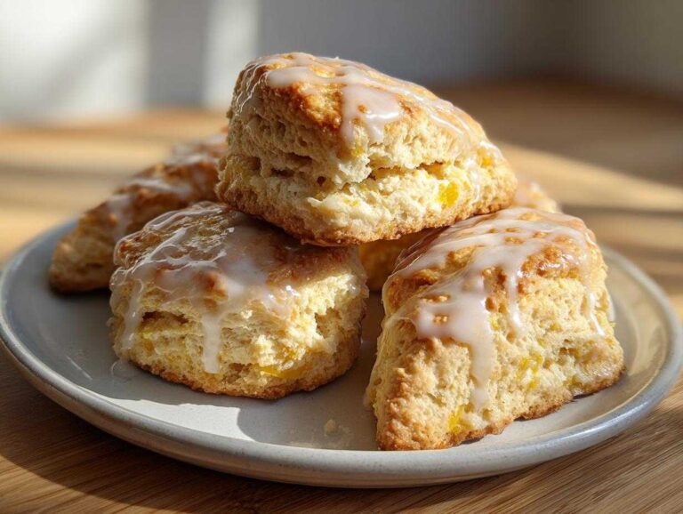Close-up of several fluffy lemon scones topped with a sweet white glaze, stacked on a light-colored plate.