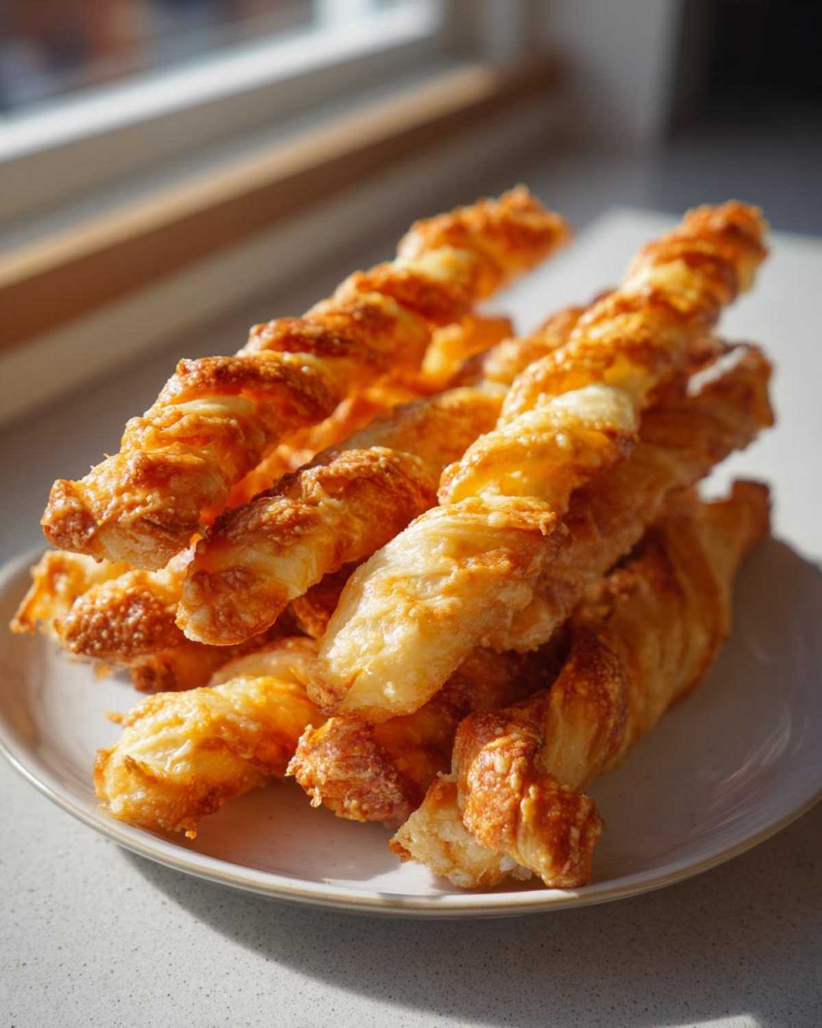 A stack of golden brown, flaky cheese straws recipe twists piled high on a light-colored plate near a window.