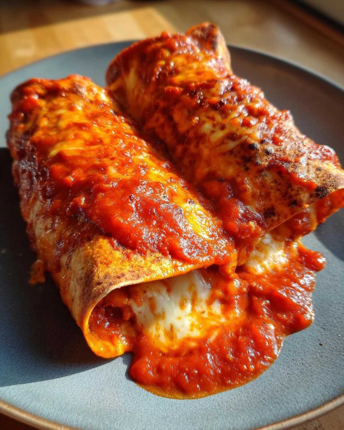 Two cheesy cheese enchiladas covered in rich red sauce, with melted cheese oozing out onto a plate.