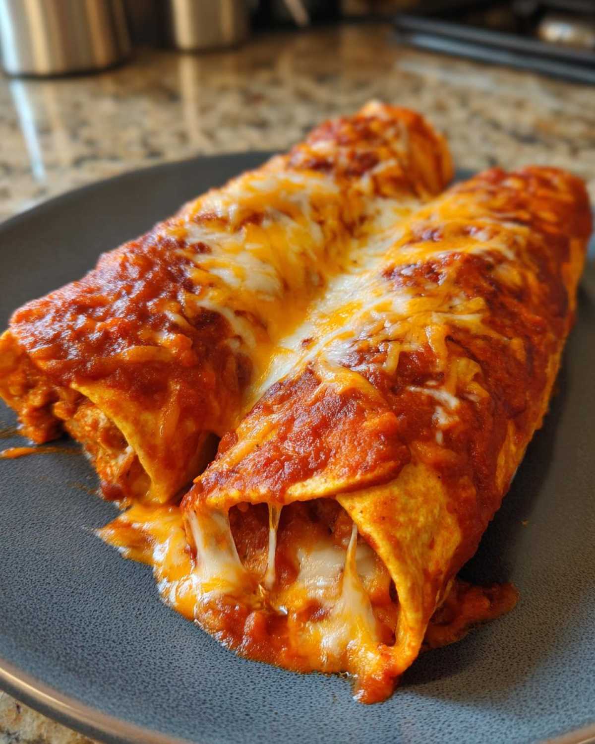 Two cheesy cheese enchiladas covered in red sauce, showing melted cheese strings pulling apart.