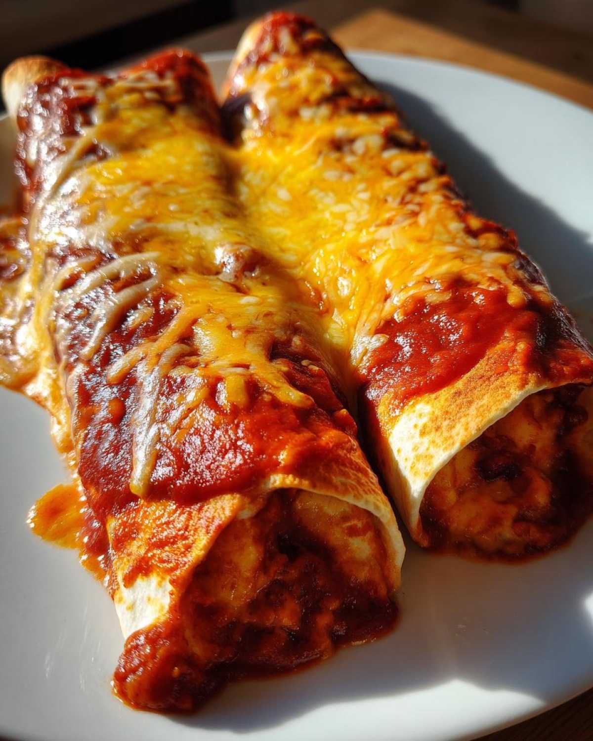 Close-up of two cheesy cheese enchiladas smothered in rich red sauce and melted cheddar.