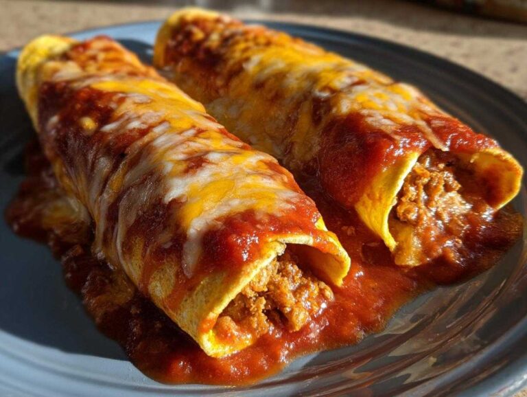 Two rolled cheese enchiladas smothered in red sauce and melted cheddar and Monterey Jack cheese.
