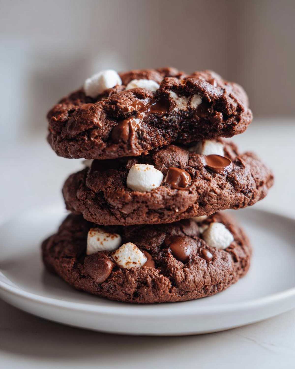 A stack of three rich, dark chocolate hot chocolate cookies topped with melted chocolate chips and mini marshmallows.