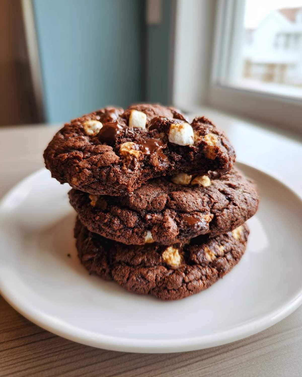 A stack of three rich, dark hot chocolate cookies with melted chocolate chips and mini marshmallows visible.