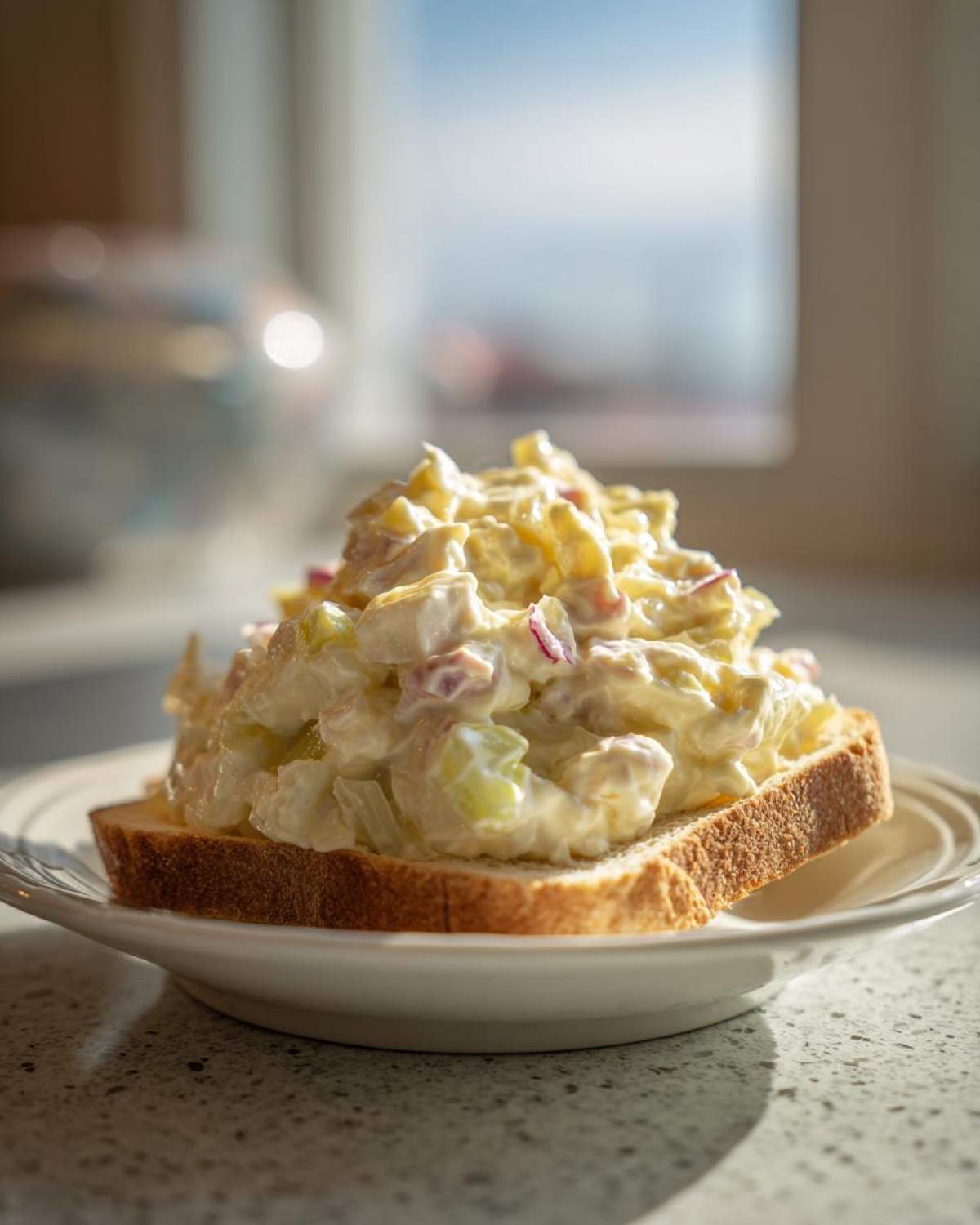 Generous scoop of creamy ham salad recipe piled high on a slice of toasted white bread.