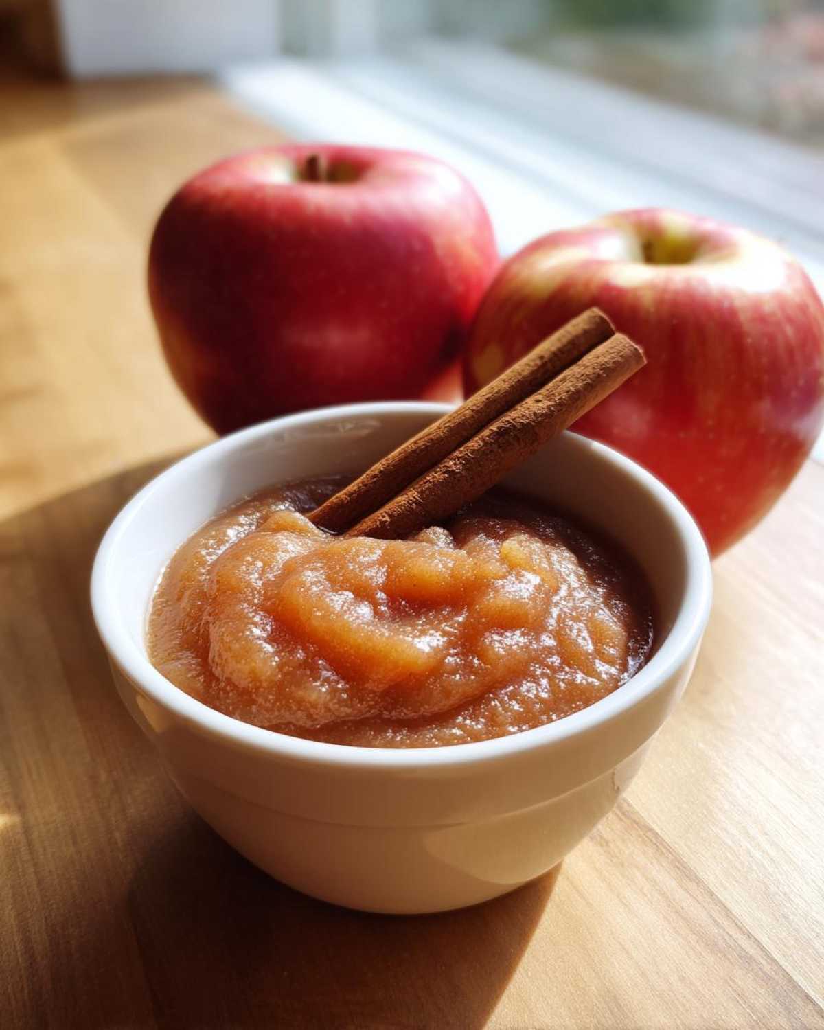 A white bowl filled with homemade applesauce, garnished with two cinnamon sticks, with fresh red apples in the background.
