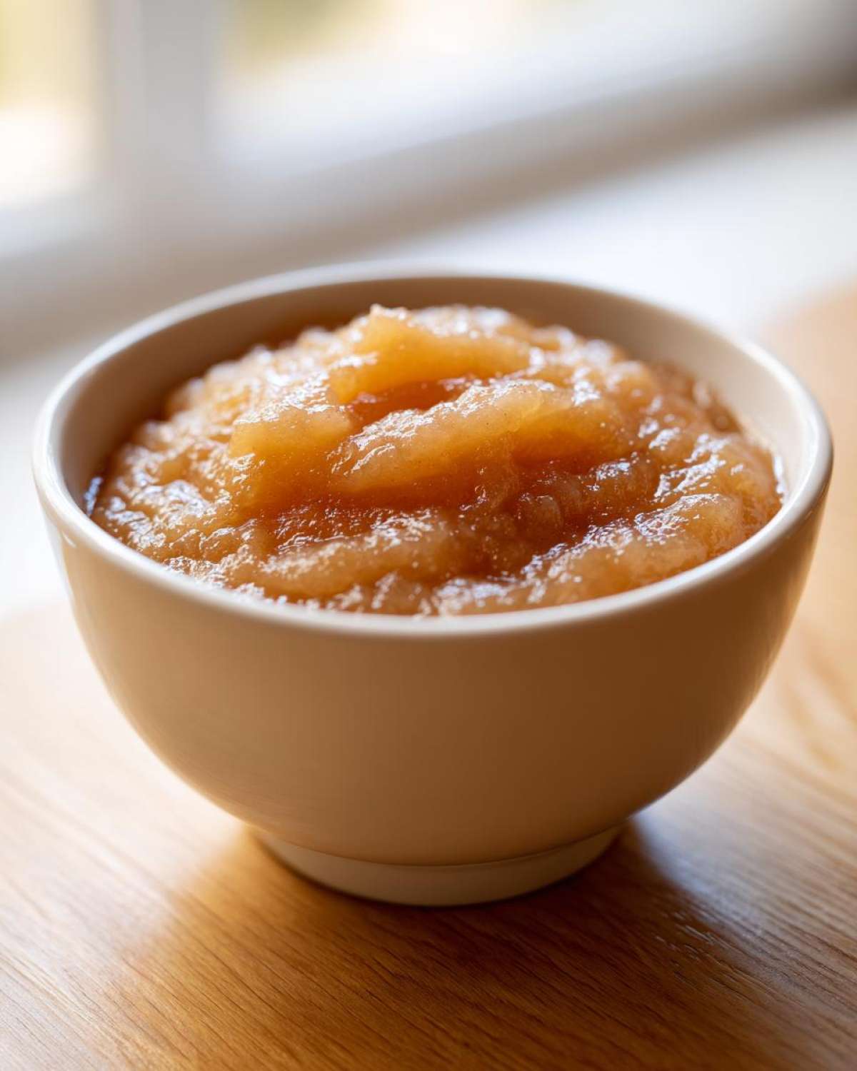 A close-up of chunky, homemade applesauce served in a small white bowl on a wooden surface.